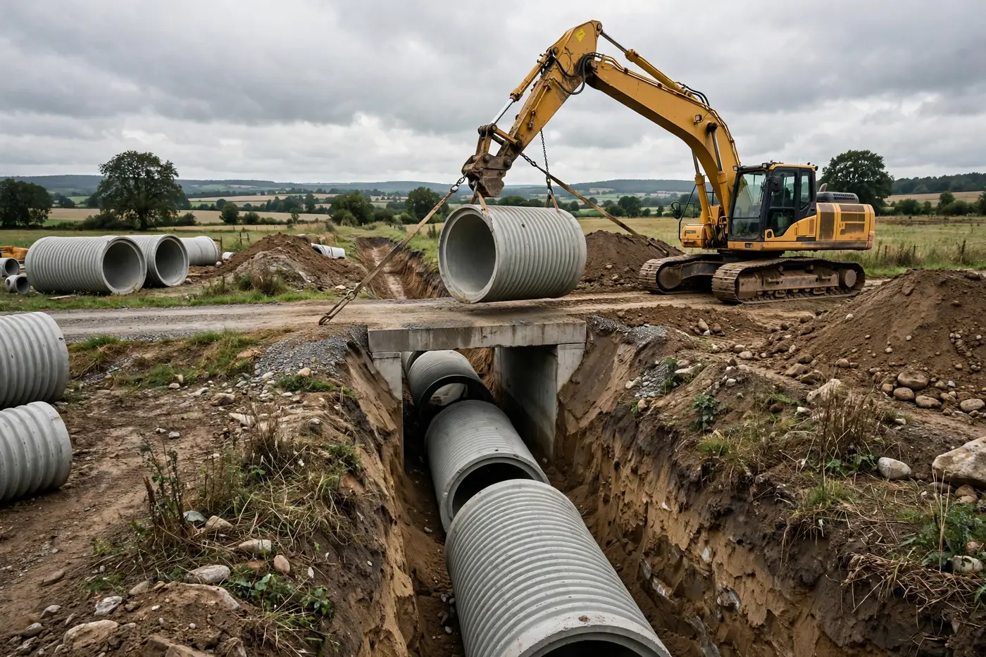 An excavator installing culvert pipes under a crossing