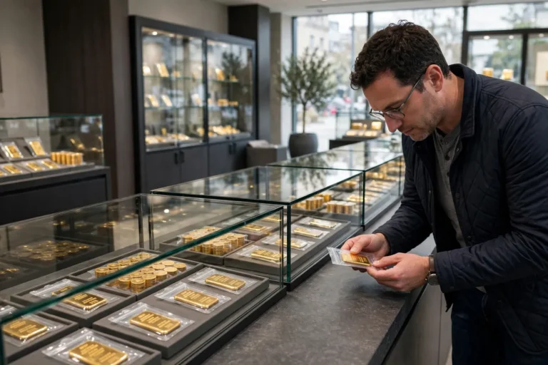 A customer examining a sealed gold bar at a bullion dealer counter in Christchurch