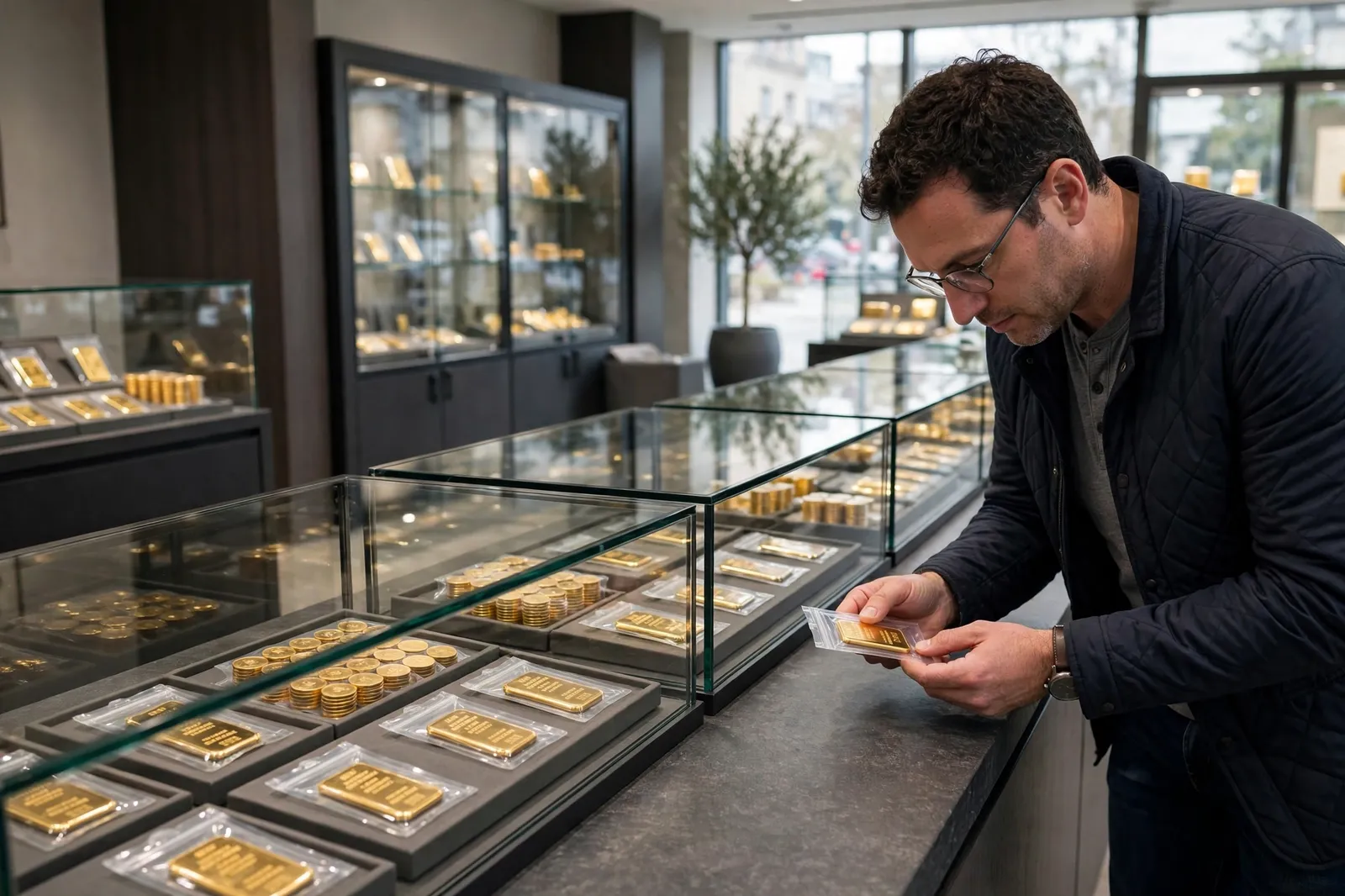 A customer examining a sealed gold bar at a bullion dealer counter in Christchurch