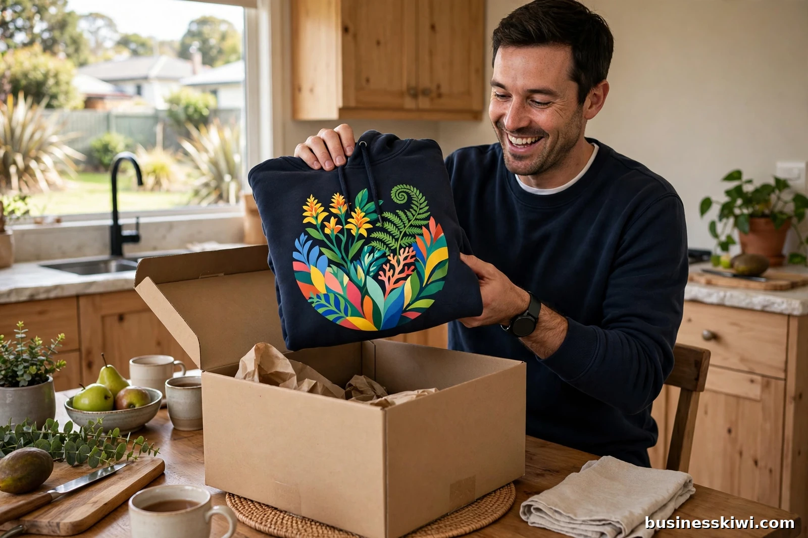 A customer opening a delivered parcel at home and lifting out a folded printed hoodie