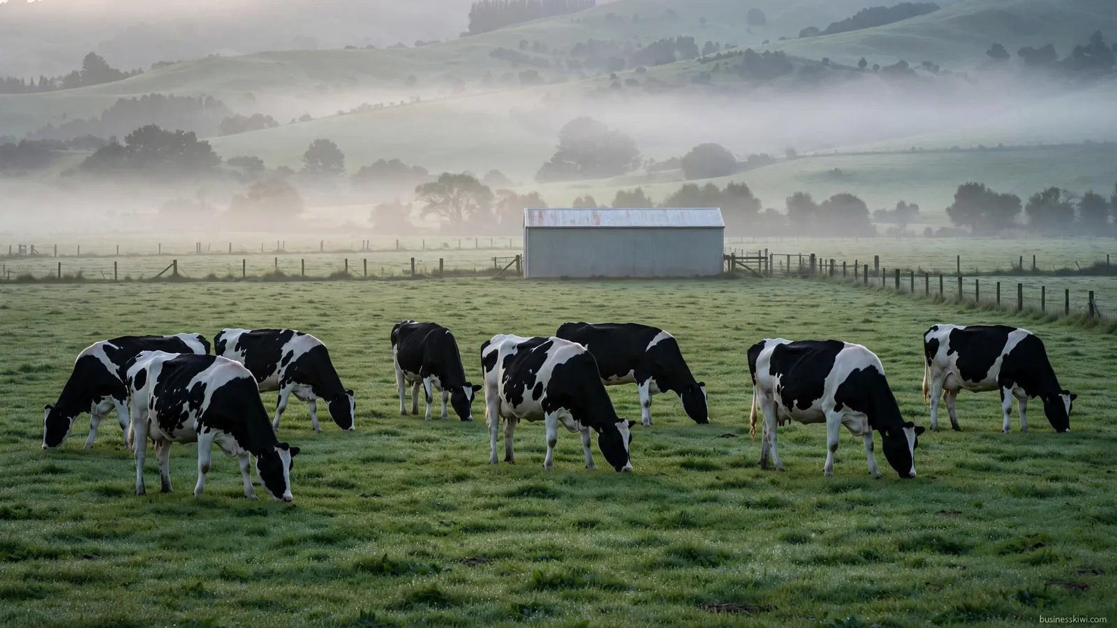 A New Zealand dairy farm at dawn