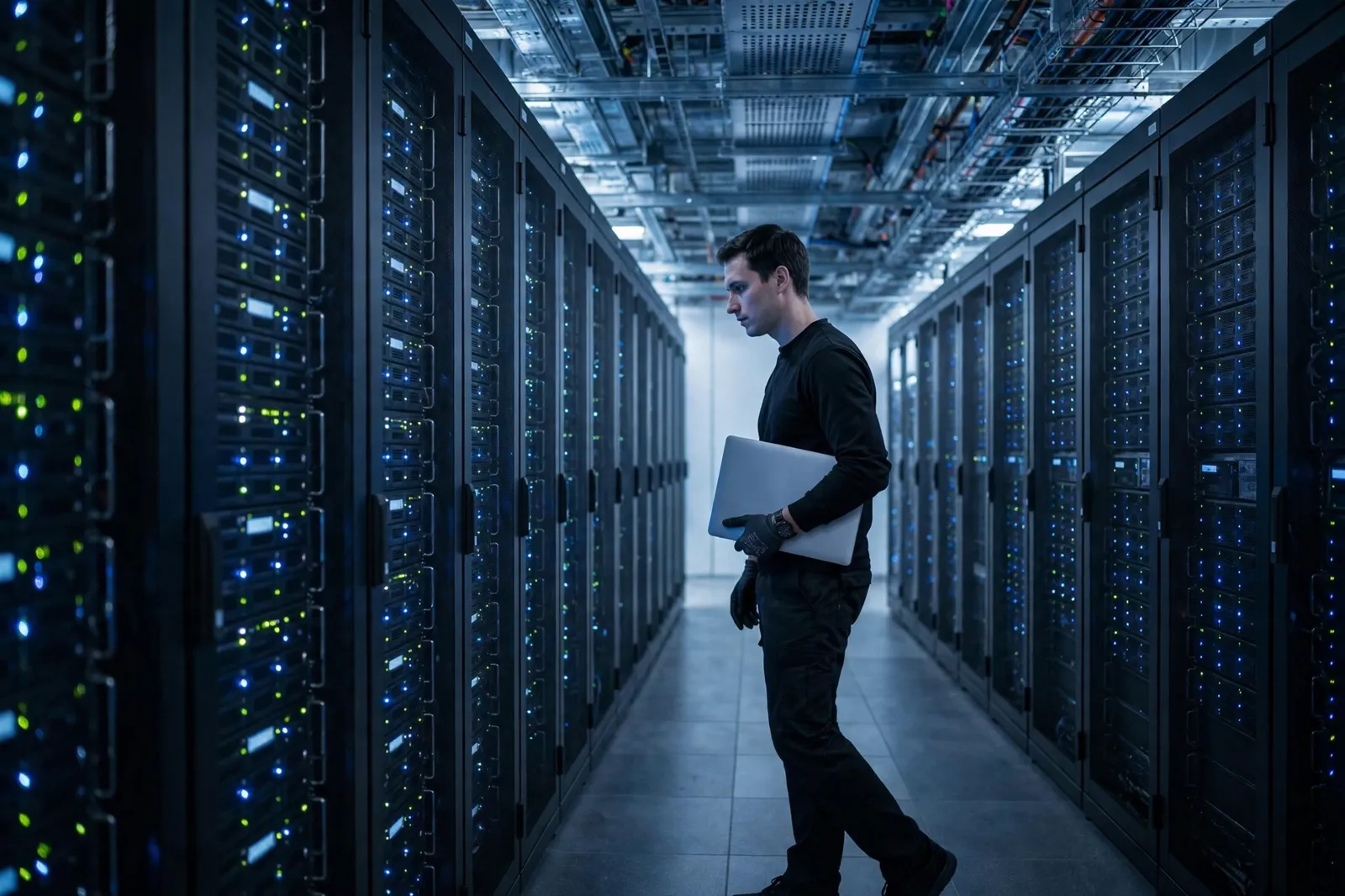 A technician with a laptop walking between server racks in a data centre