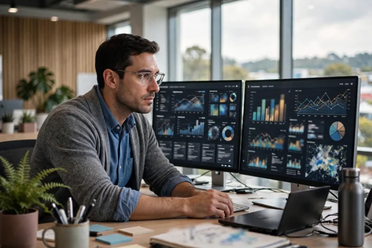 A database administrator monitoring performance dashboards on two screens