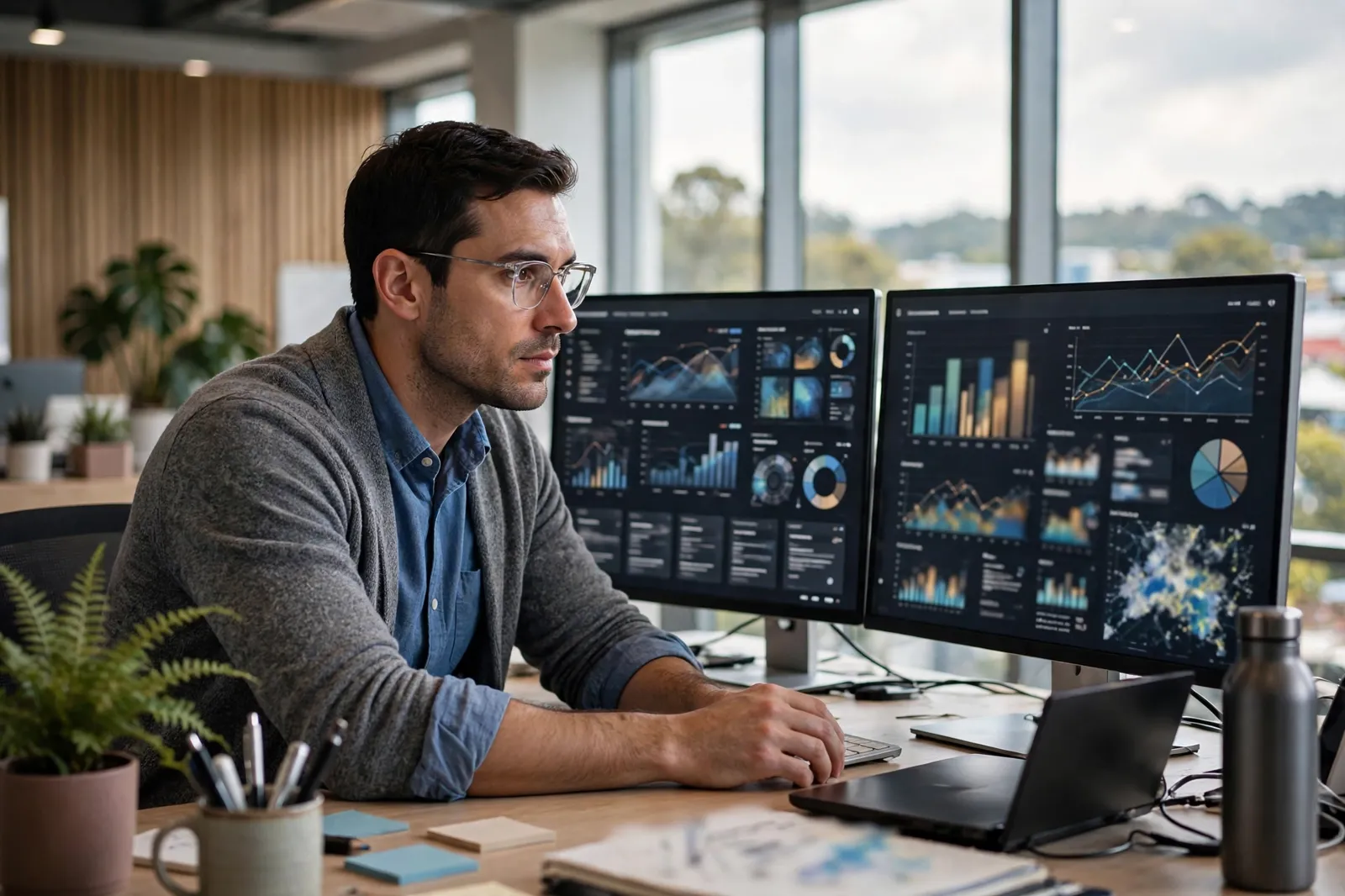 A database administrator monitoring performance dashboards on two screens