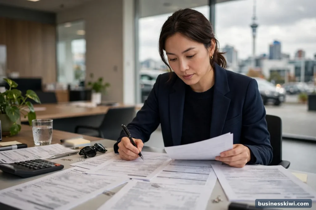 A buyer reviewing car finance paperwork at a dealership