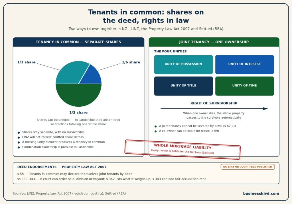 Tenants in common infographic: deed fraction wheel showing 50 50 and 70 30 share examples, each owner's separate share around the rim, and Landonline records the names and share amounts