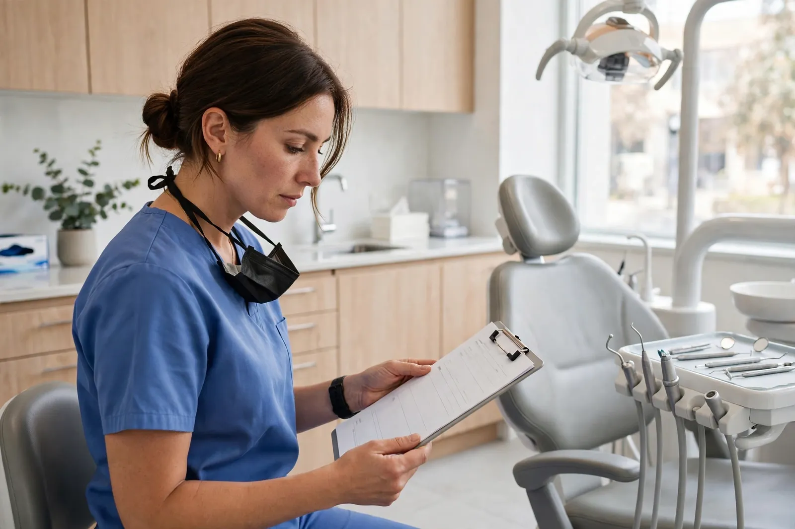 A dentist reviewing a patient chart beside the dental chair
