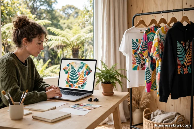 NZ designer creating print on demand products at a home studio desk, with printed t-shirts and a hoodie on a rail beside her