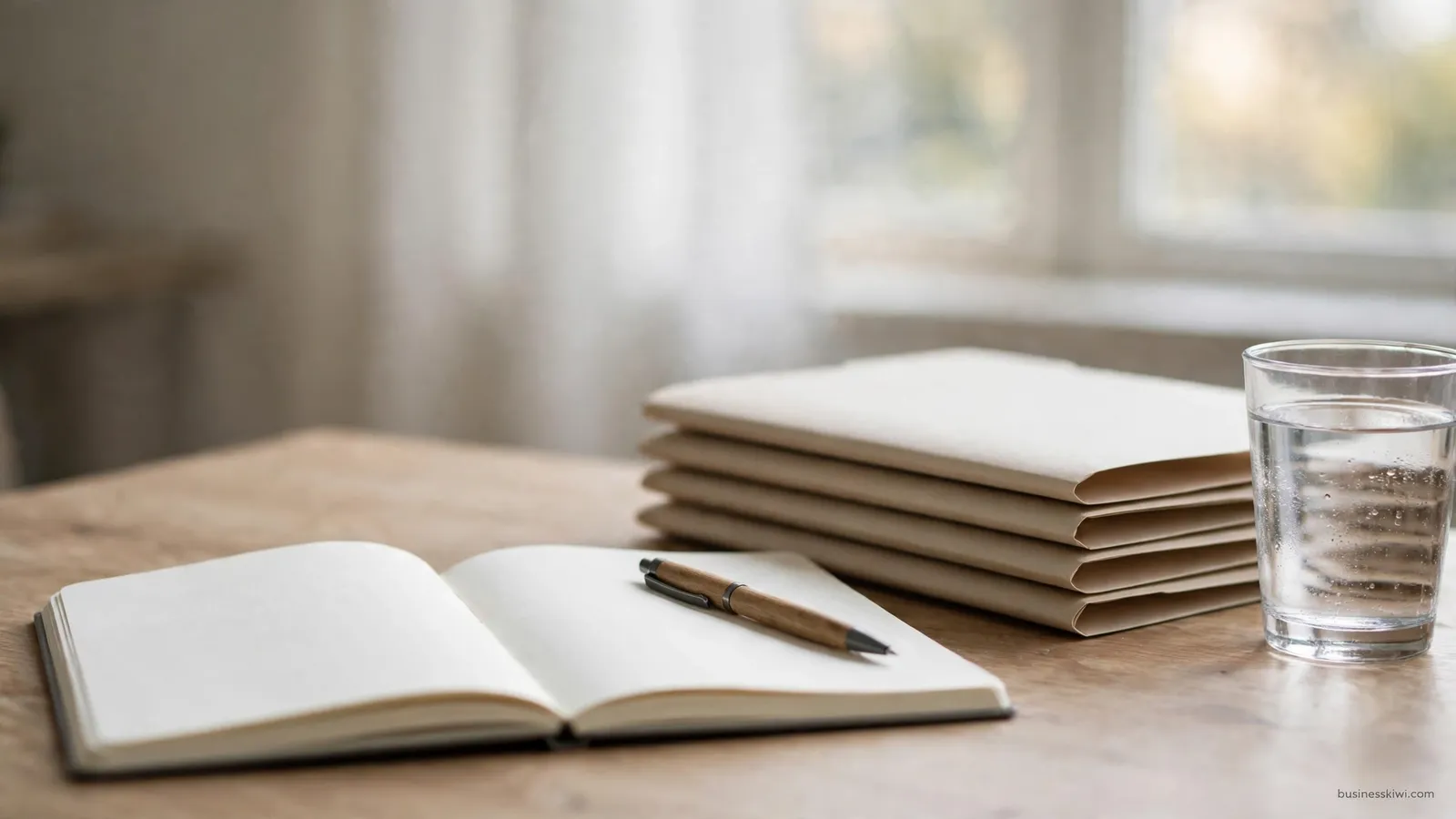 Meeting notes notebook and files on a desk