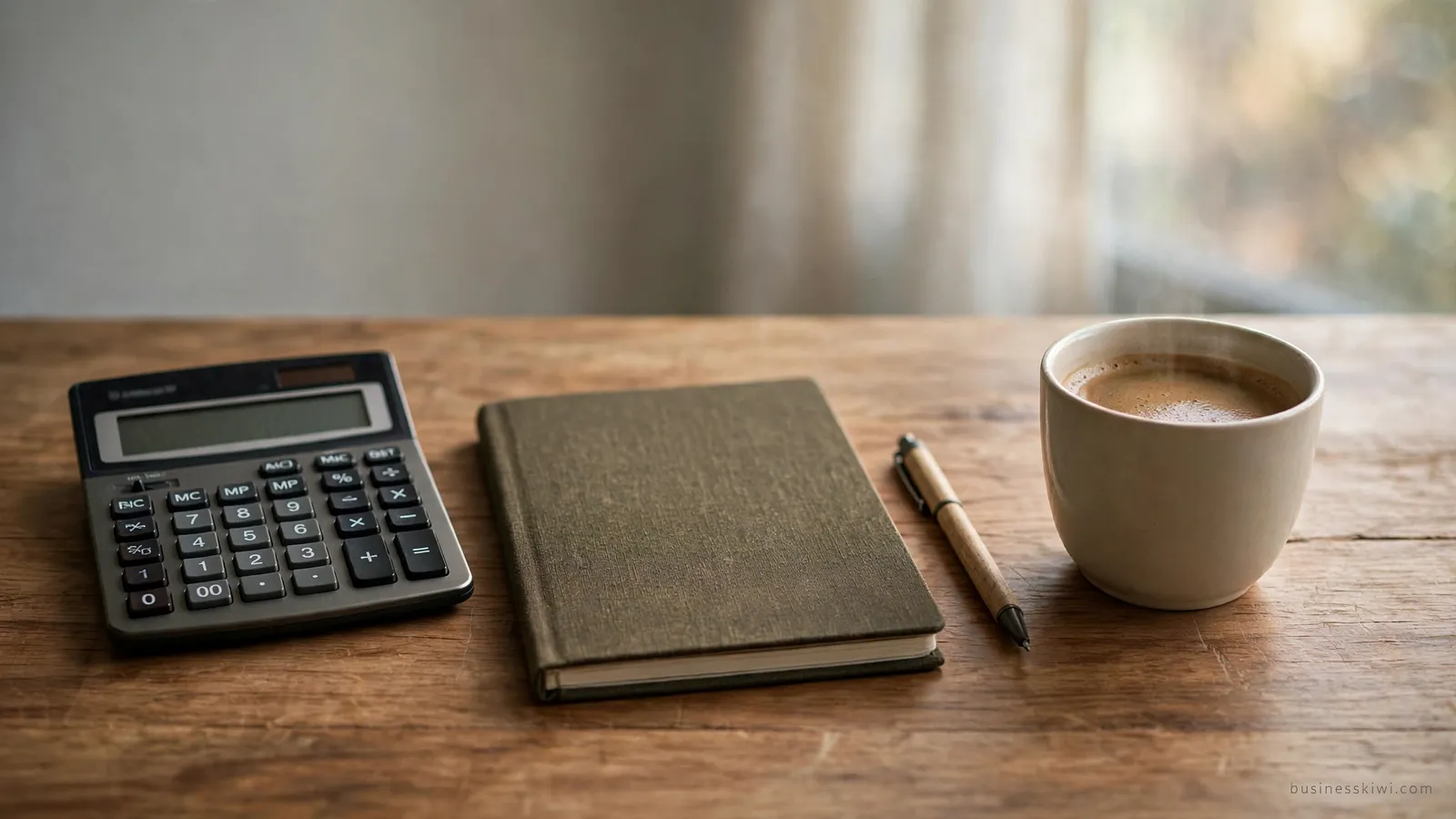 Calculator and notebook on a desk