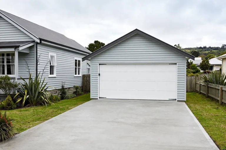 A detached double garage beside a house