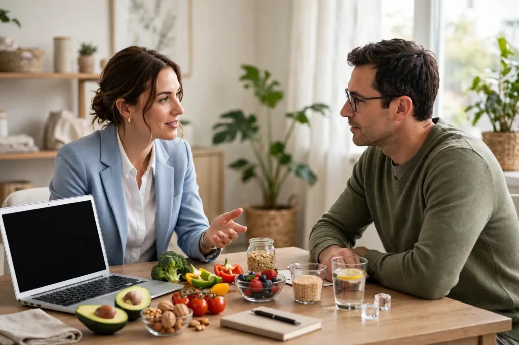 A dietitian consulting with a client over healthy food options