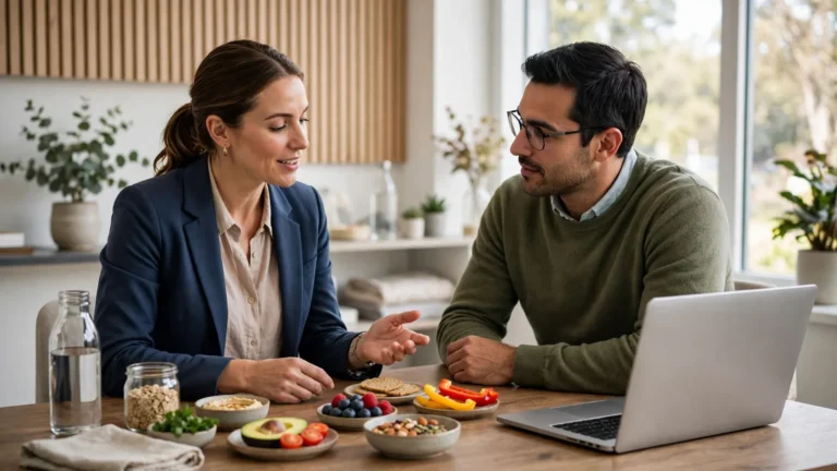 Dietitian consulting with a client at a desk with healthy food samples in a New Zealand clinic