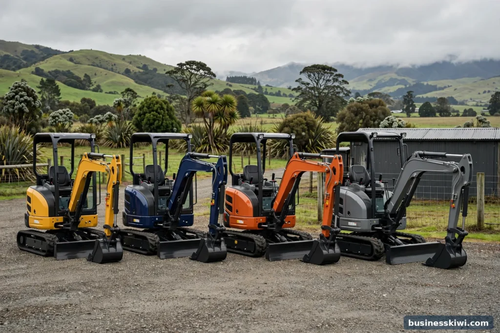New mini excavators at a dealer yard