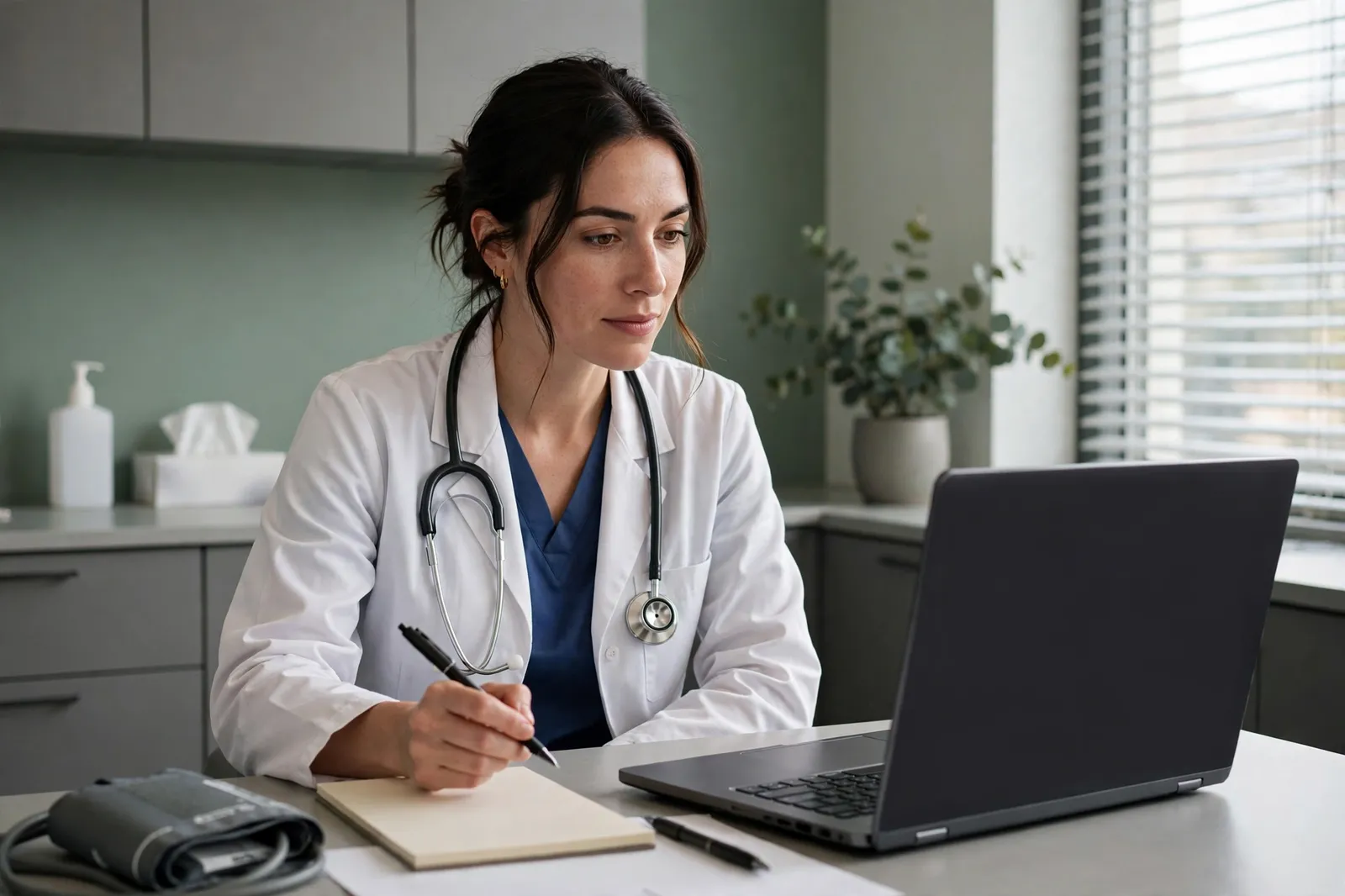A doctor reviewing notes at a desk in a clinic consultation room