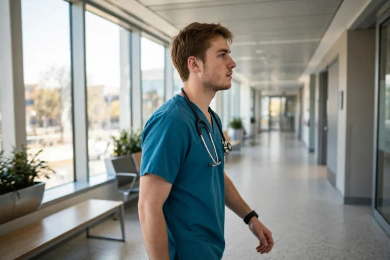 A doctor in scrubs walking through a New Zealand hospital corridor
