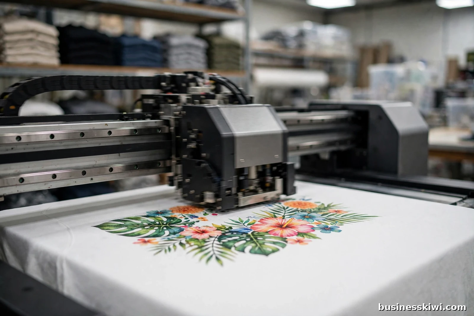 A direct-to-garment printer printing a colourful floral design onto a white t-shirt in a print workshop