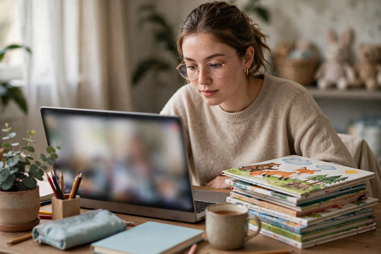 A student studying early childhood education online at home