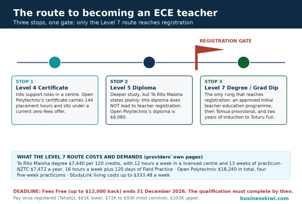 Route map to ECE teacher registration: Level 4 certificate into support roles, Level 5 diploma which does not lead to registration, and the Level 7 degree or graduate diploma through the registration gate to Tomua provisional and Tuturu Full registration, with provider fees and the Fees Free deadline of 31 December 2026