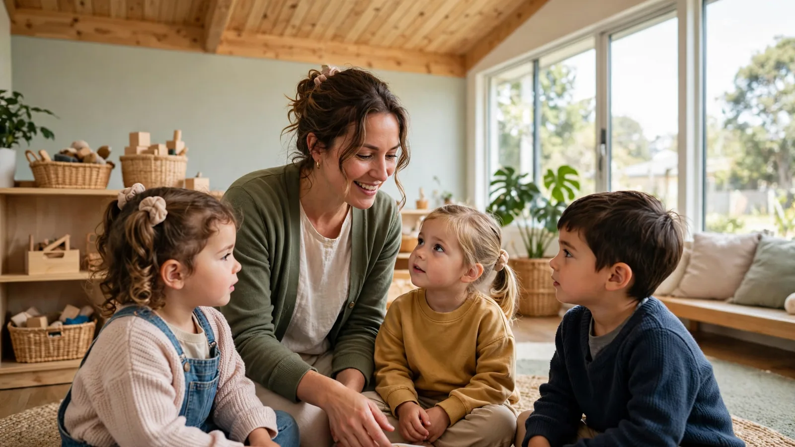 Early childhood teacher sitting with three preschool children in a bright New Zealand childcare centre