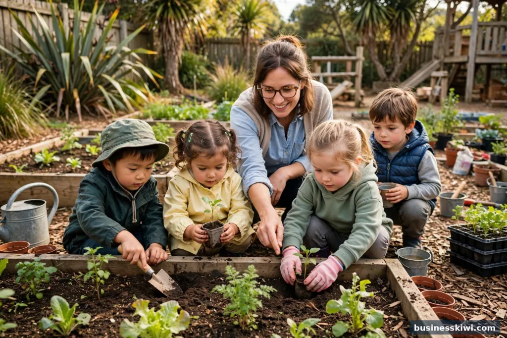 An early childhood teacher helping children plant seedlings in a kindergarten garden