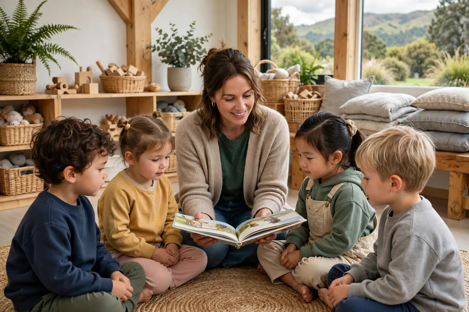 An early childhood teacher reading to preschool children
