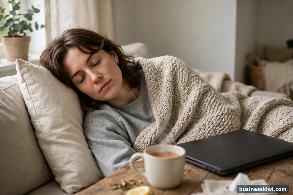 An employee resting at home on a sick day