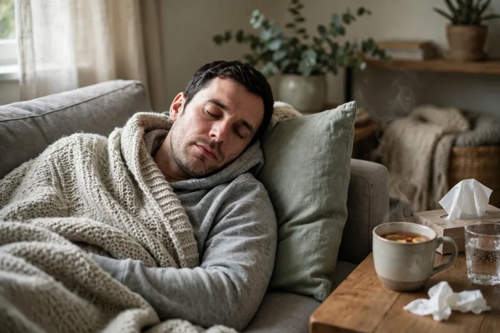 An employee resting at home on a sick day