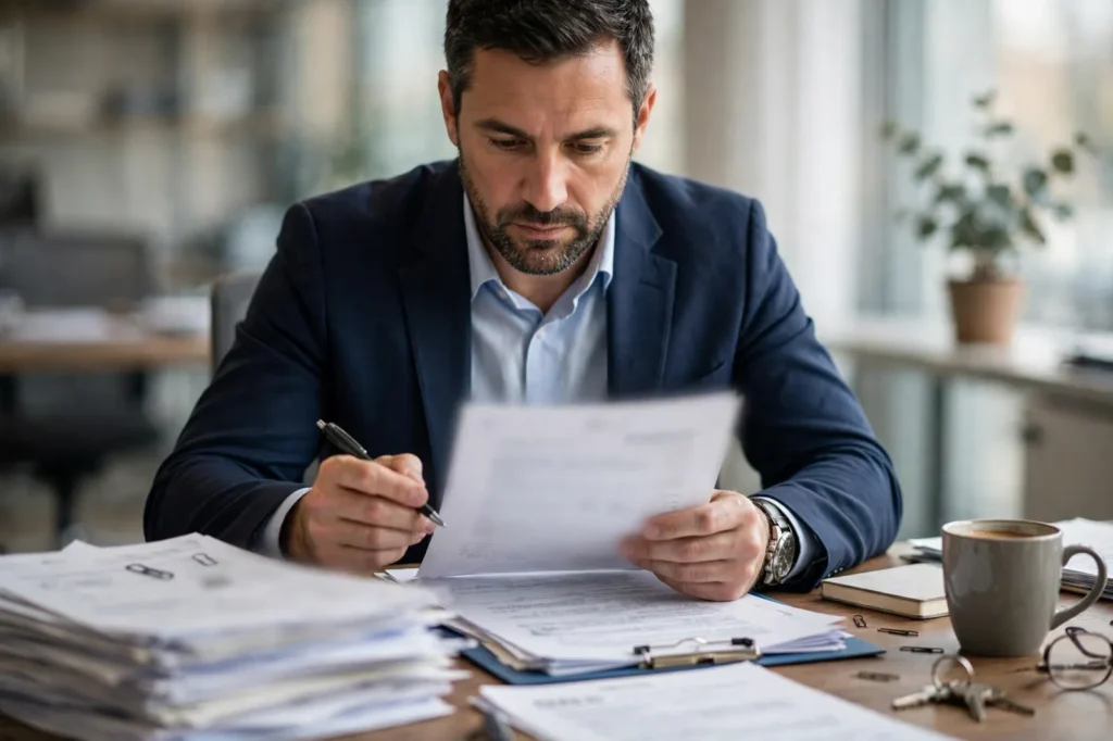An employer reviewing accreditation paperwork at his desk
