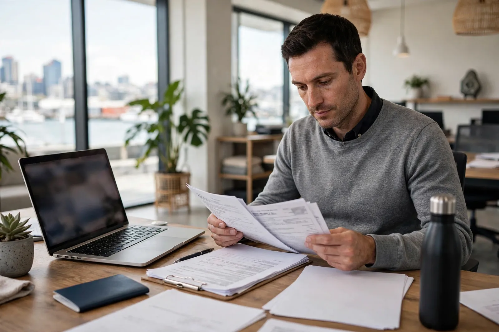 An employer reviewing Accredited Employer Work Visa documents at an office desk