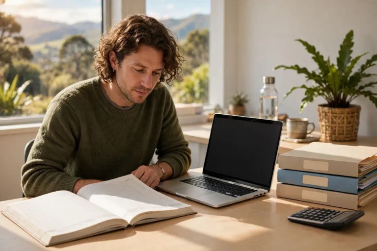 Small business owner preparing end of financial year accounts at a desk with a laptop, ledger and calculator