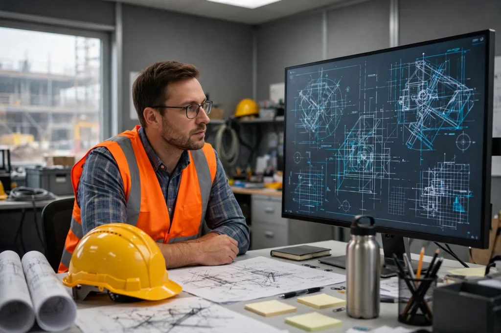 An engineer reviewing designs on a screen in a site office