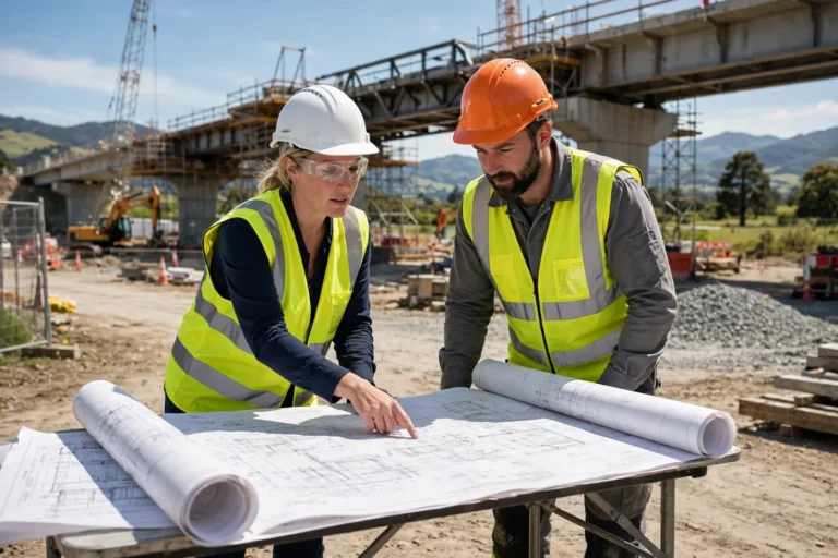 Two engineers in hard hats and high-vis vests reviewing bridge plans at a New Zealand construction site