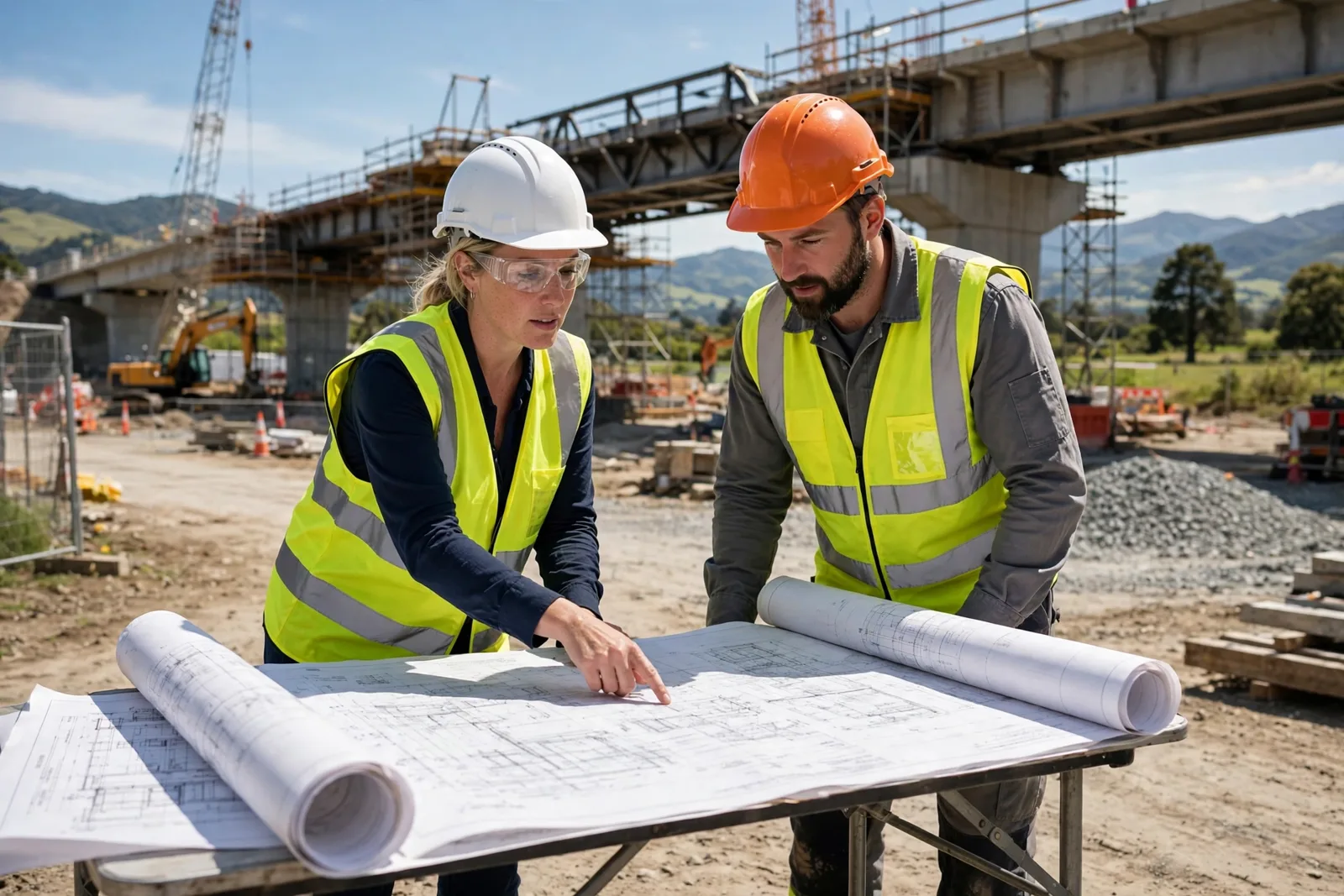 Two engineers in hard hats and high-vis vests reviewing bridge plans at a New Zealand construction site