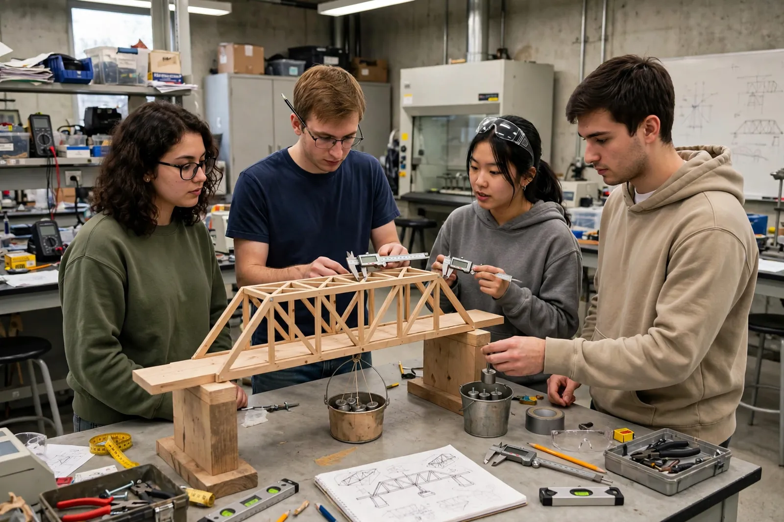 Engineering students working on a project in a university laboratory