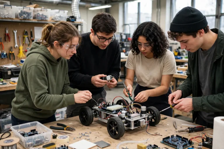 Engineering students building a small robotic vehicle in a workshop