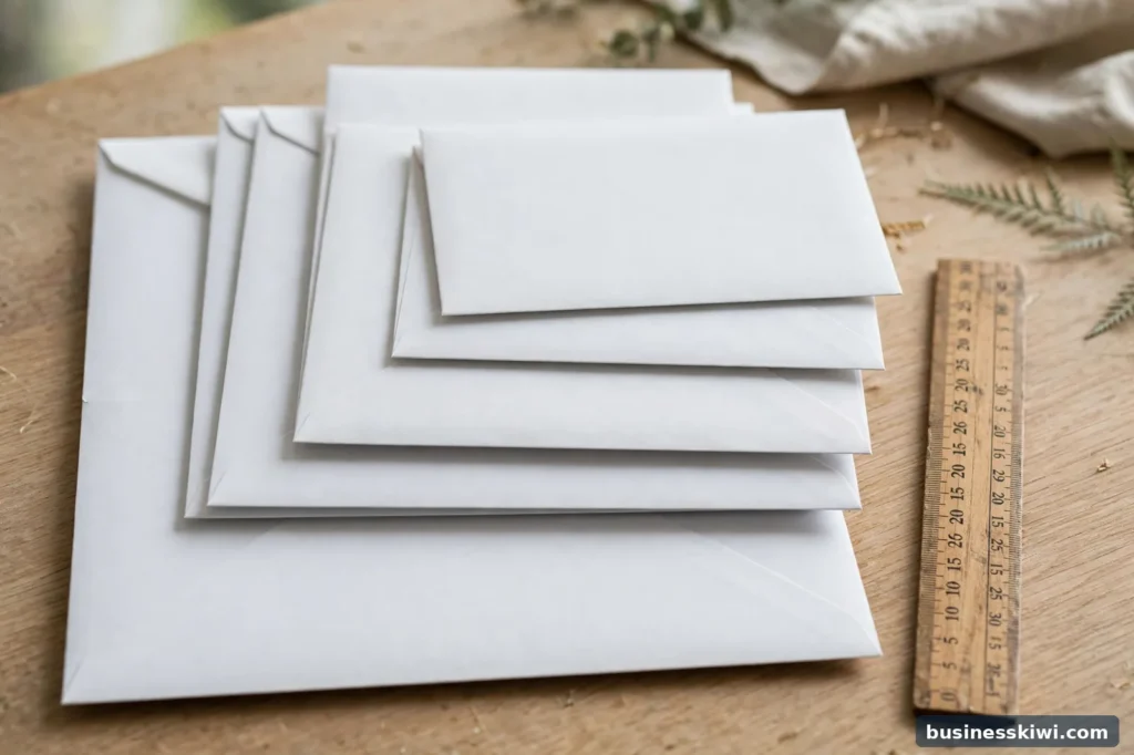 Envelopes of different sizes beside a ruler