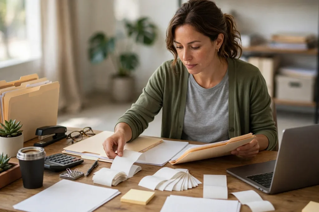 A business owner organising end of financial year paperwork and receipts at her desk