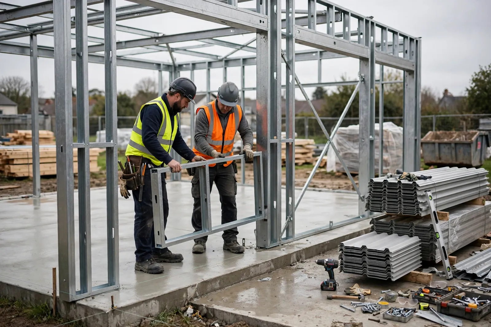 Builders erecting a steel kitset garage frame on a concrete slab