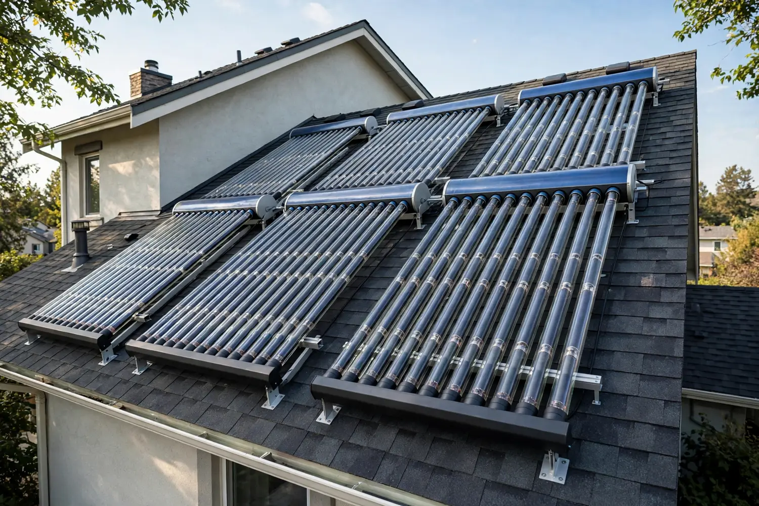 Evacuated tube solar collectors on a house roof