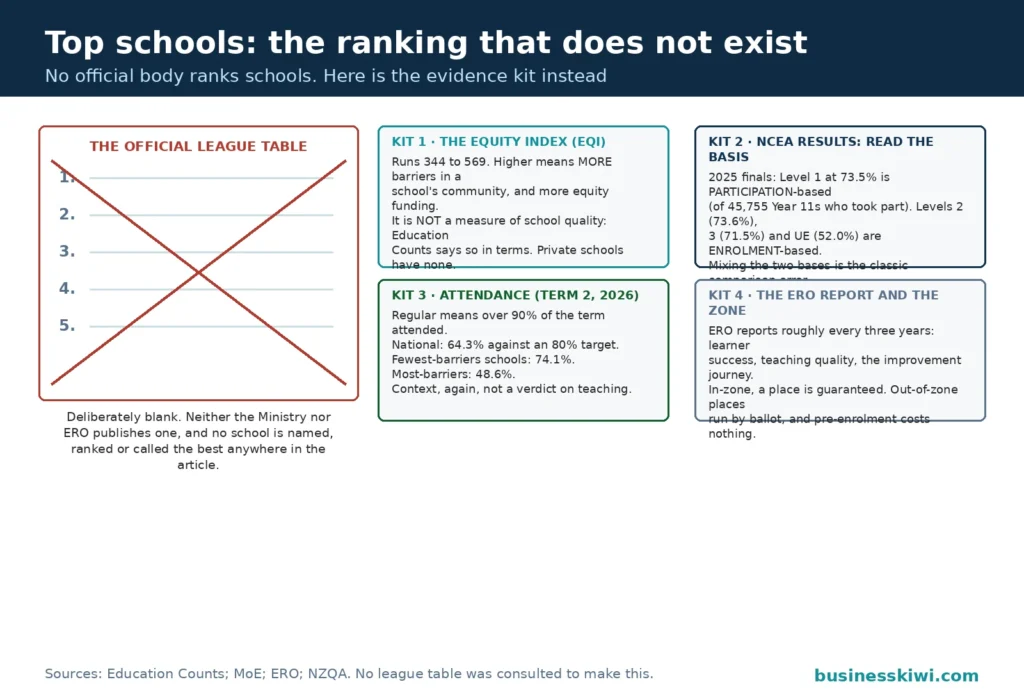 Evidence kit instead of a league table for judging schools: a blank official league table frame crossed out because no official ranking exists, beside four kit cards covering the Equity Index and its not-a-quality-measure warning, the NCEA results with their participation and enrolment counting bases labelled, attendance figures, and the ERO report and enrolment zone