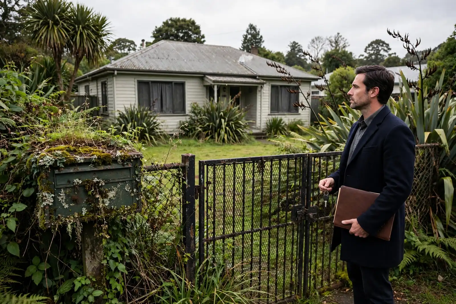 An executor holding keys and a folder at the gate of an empty estate house