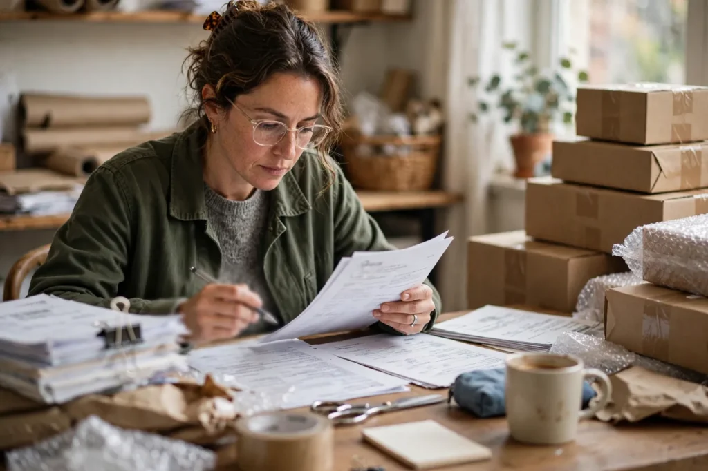 A business owner reviewing export invoices with parcels to send