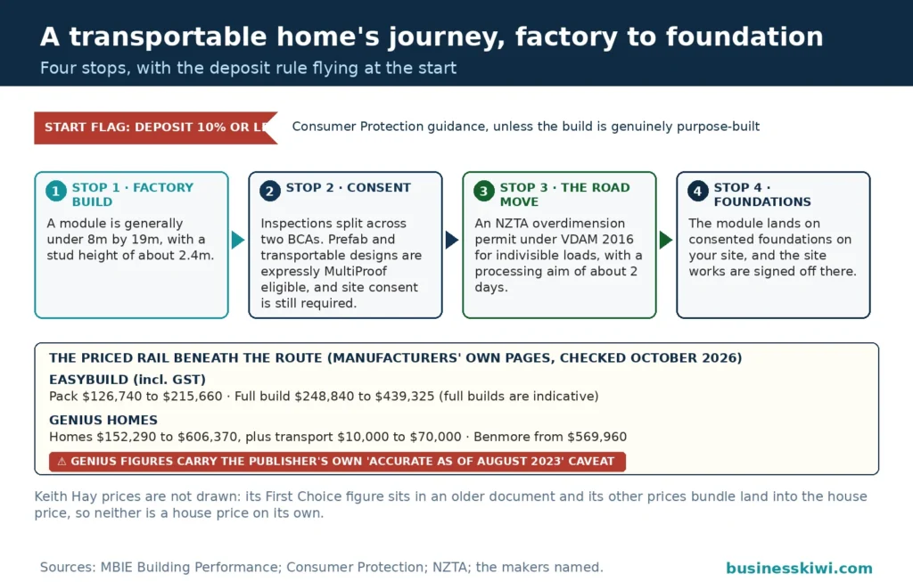 Factory-to-foundation route for a transportable home: factory build of a module generally under 8 by 19 metres, consent split across two BCAs with MultiProof eligibility, an NZTA overdimension permit for the road move and foundations on site, starting with the deposit guidance of 10 percent or less and the manufacturers' price ranges beneath