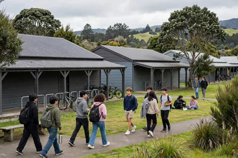 Students outside low classroom blocks at a New Zealand secondary school