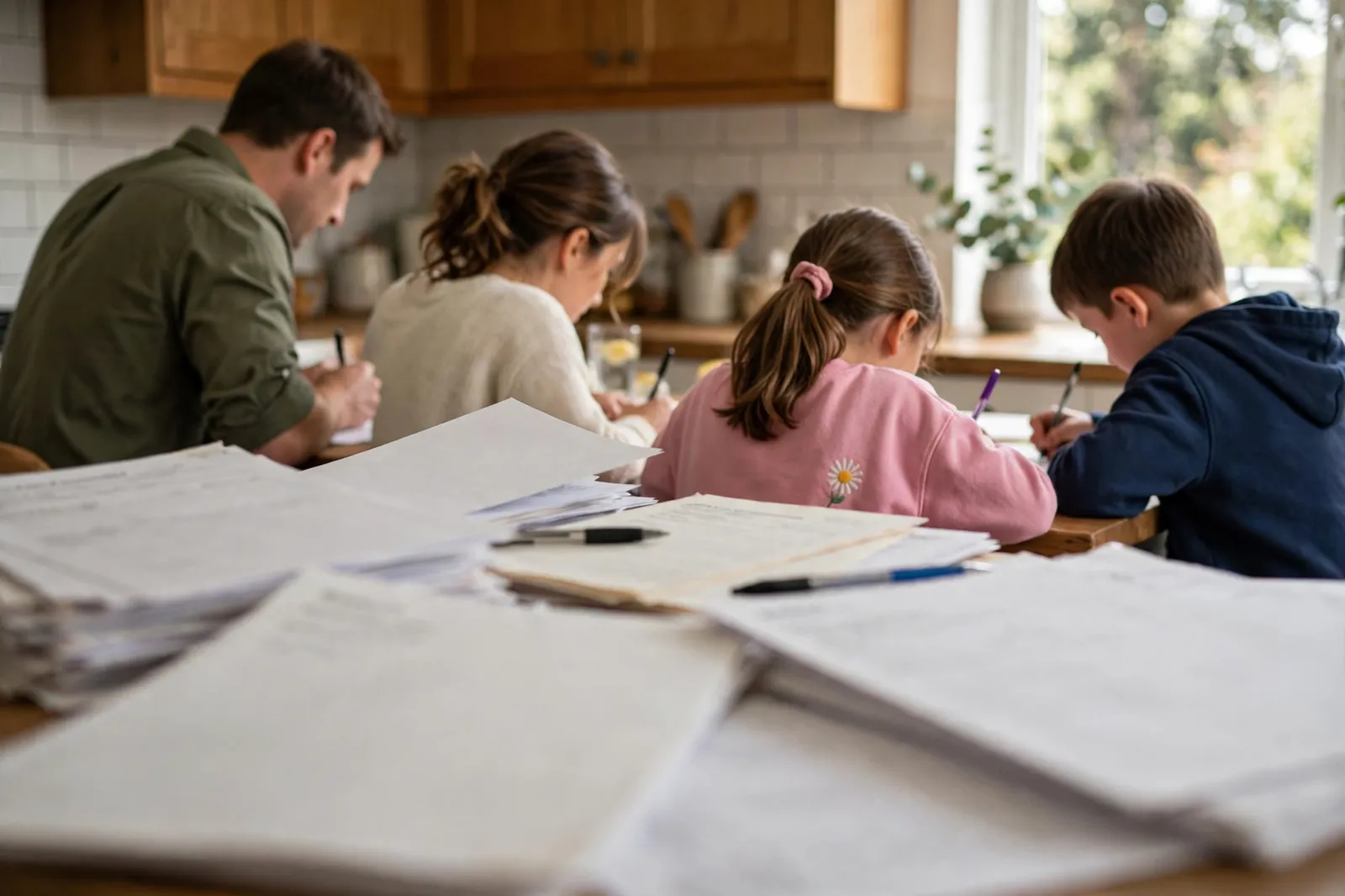 A family reviewing visa application documents together