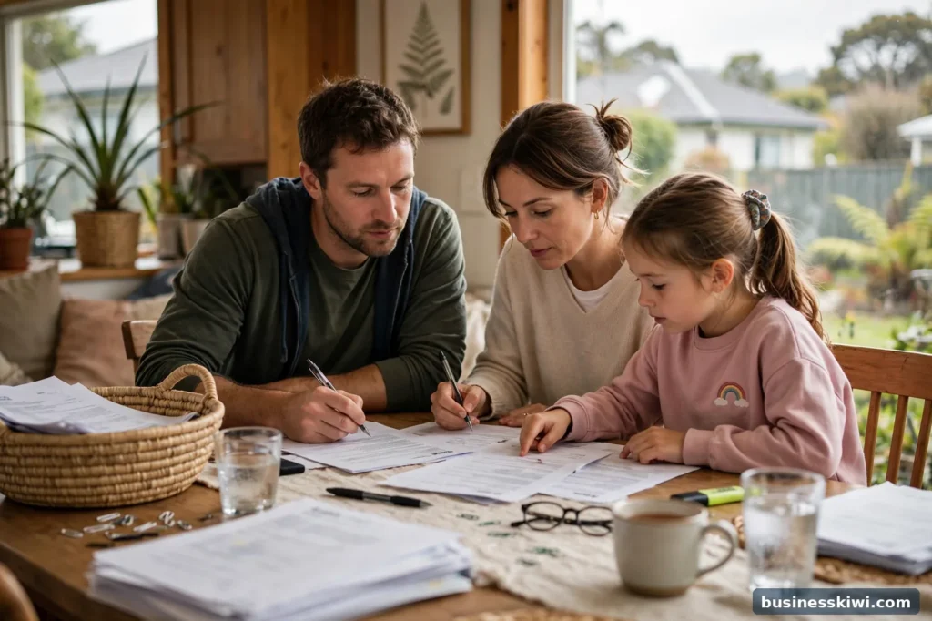 A family completing visa paperwork at home