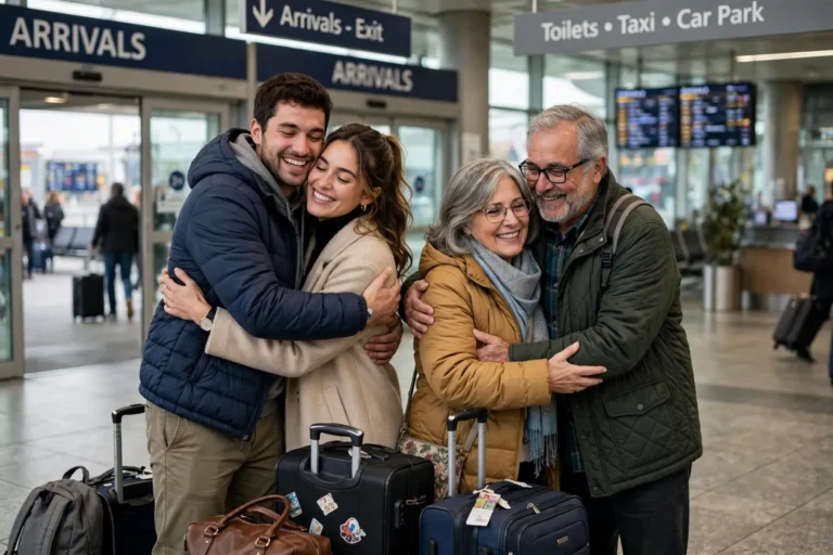 A family welcoming relatives at an airport arrivals hall