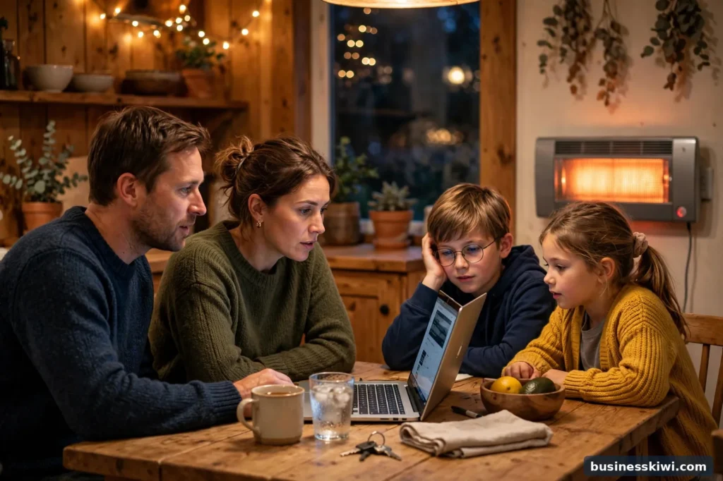A family reviewing their power bill on a laptop at home in winter