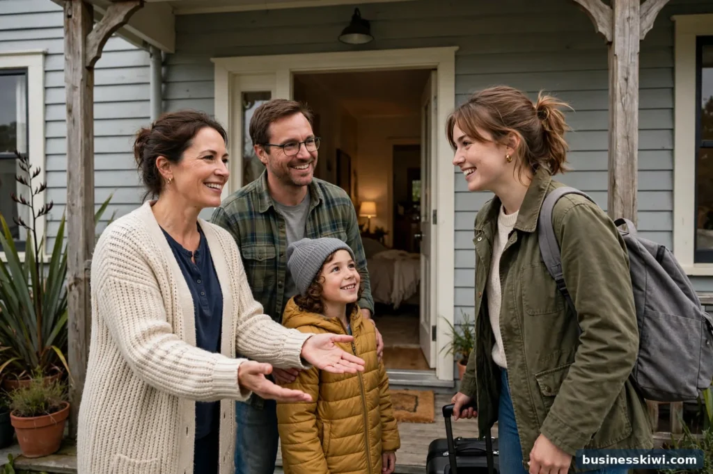 A host family welcoming an au pair at their front door